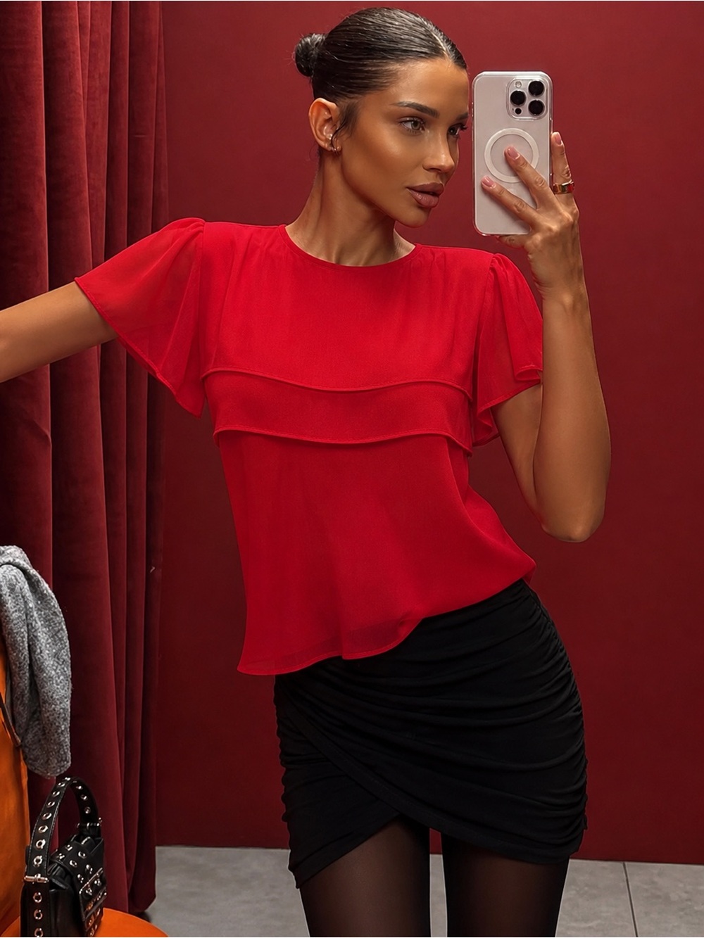 Red Flutter Sleeve Layered Blouse - Women's Top